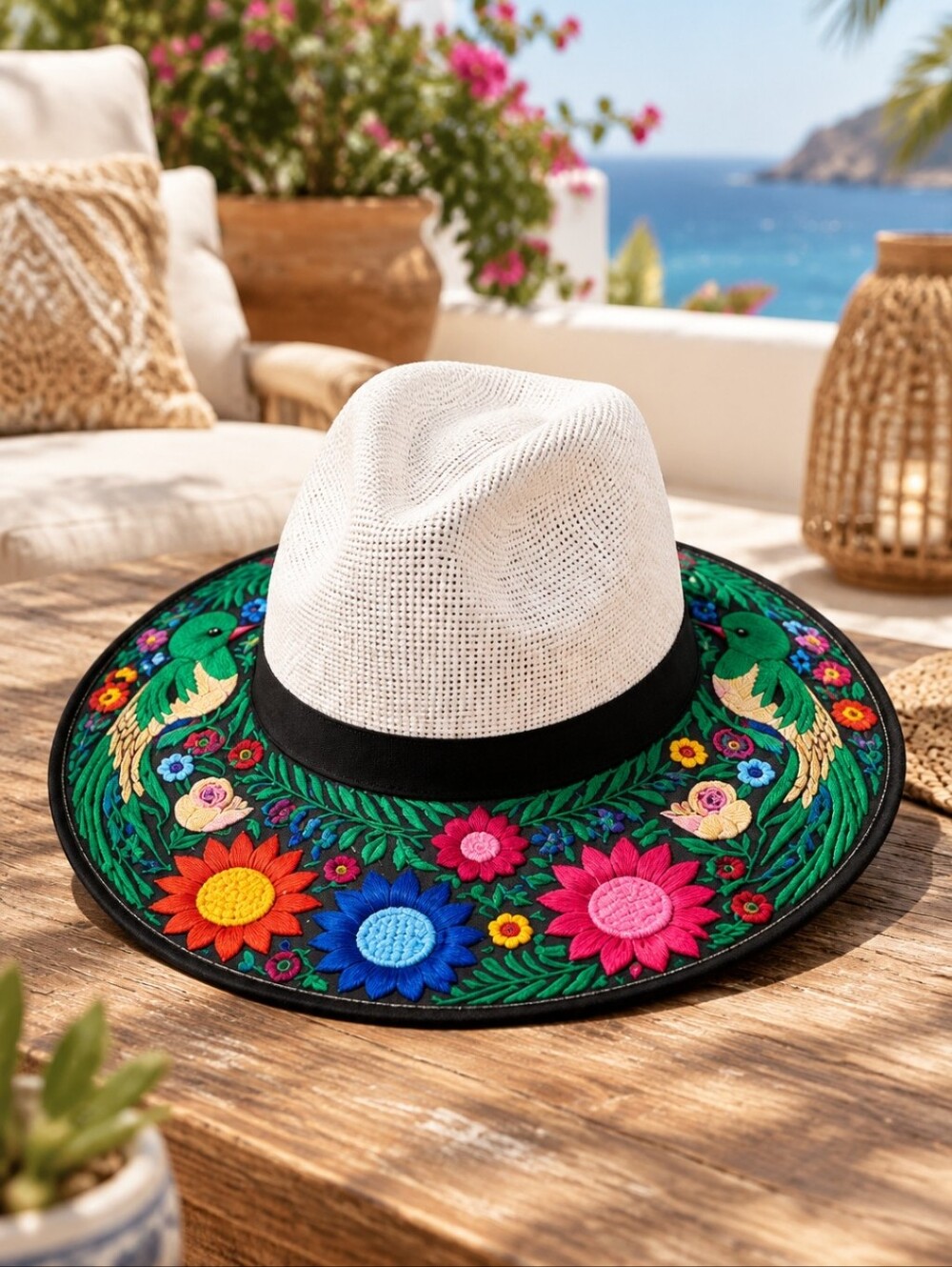 Embroidered Floral Wide Brim Hat